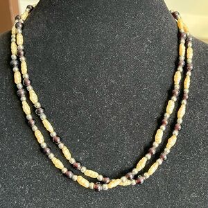Vintage Freshwater Pearl Style & Garnet Glass Beaded Long Necklace